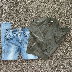 Hot Kiss Olive Green Bomber Zip Up Jacket and Skinny Lily Jeans, Size Medium 7